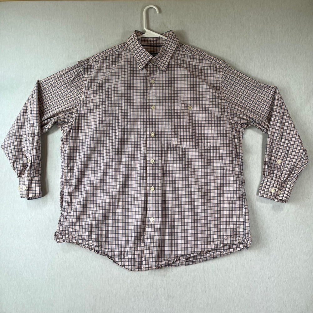 Orvis Shirt Mens XL Plaid Button Down Blue Orange Cotton Blend Stretch Pocket